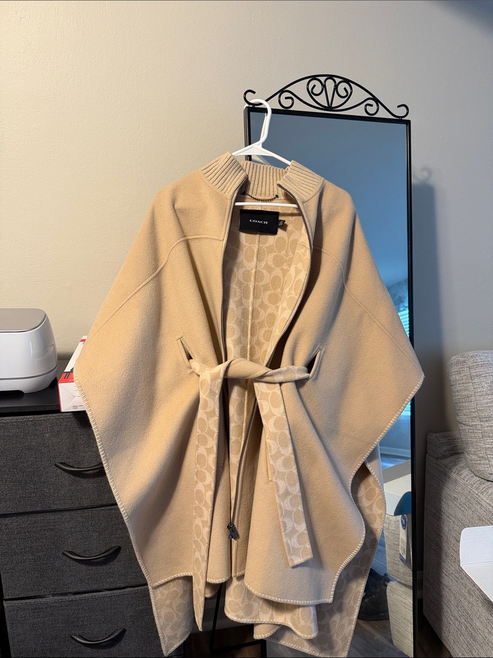 Coach Beige/Cream Signature Reversible Cape with Tie Belt